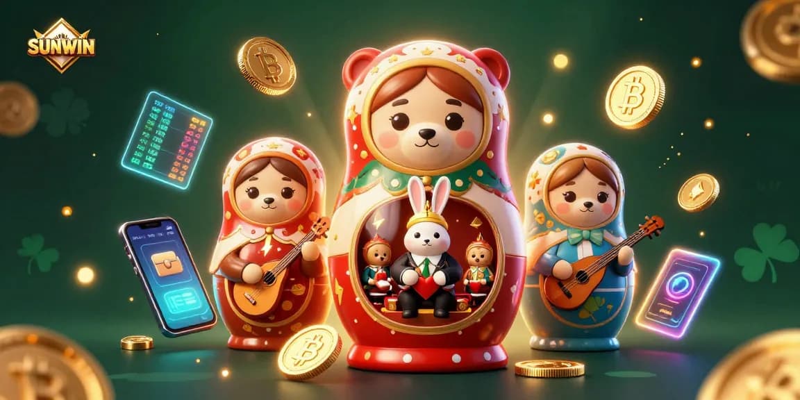 SUNWIN reveals an enchanting scene with festive characters and vibrant casino elements, depicting a joyful gambling atmosphere.