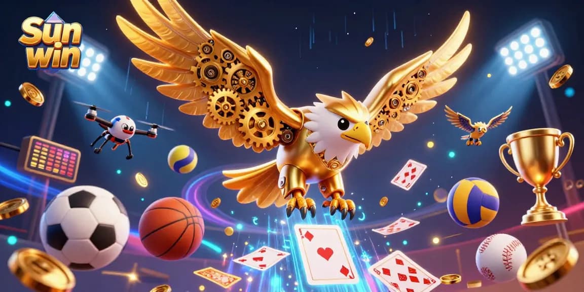 Engage with Sun win's thrilling gaming experience featuring a golden eagle soaring through holographic cards and dynamic sports balls.