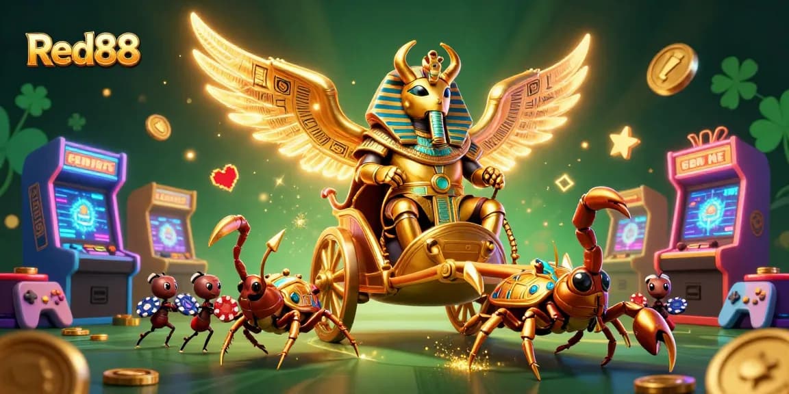 Red88's colossal scarab beetle leads a dazzling casino adventure amidst vibrant game machines