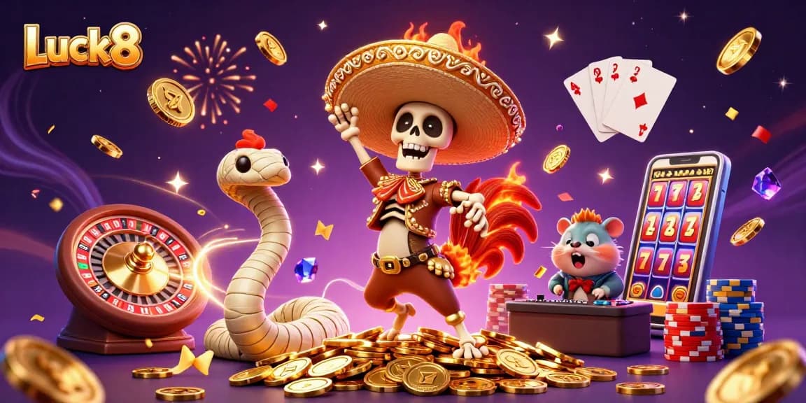 Luck8 showcases an exciting victory dance scene with vibrant elements of online gambling.