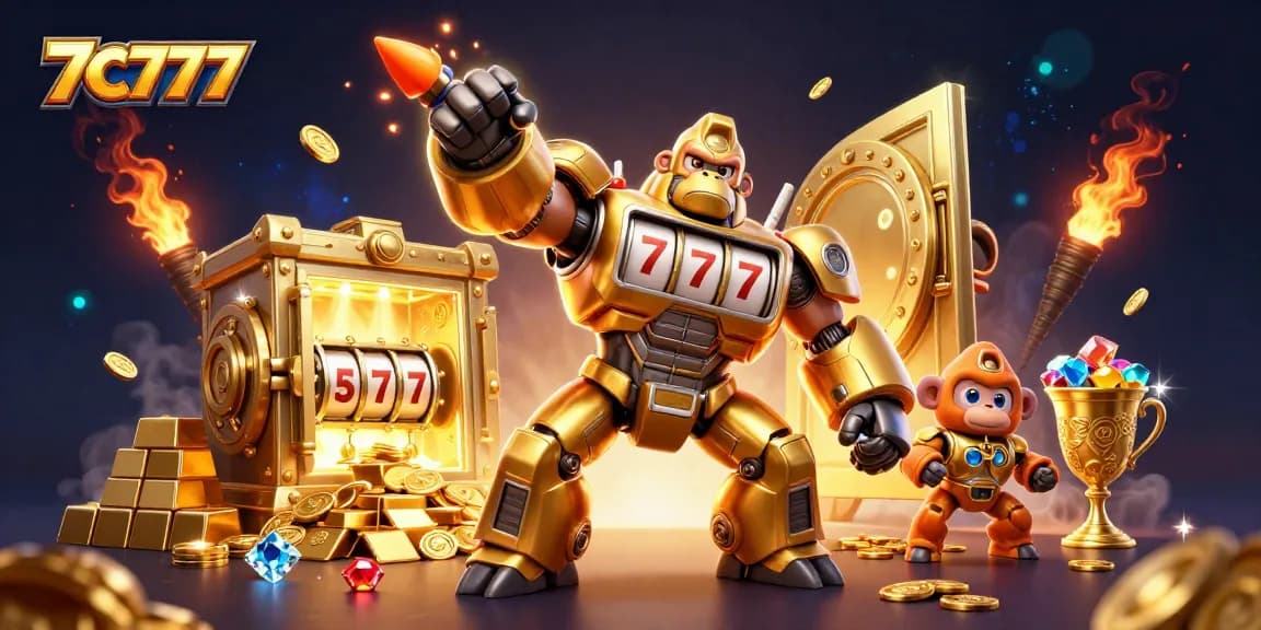 Experience the thrill of 7C777 with a vibrant scene of a golden gorilla mech and treasure.