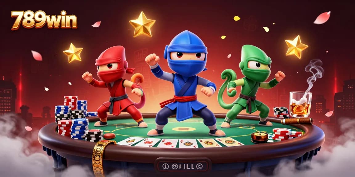 Experience thrilling poker action with 789win featuring chameleon ninjas and vibrant casino elements.