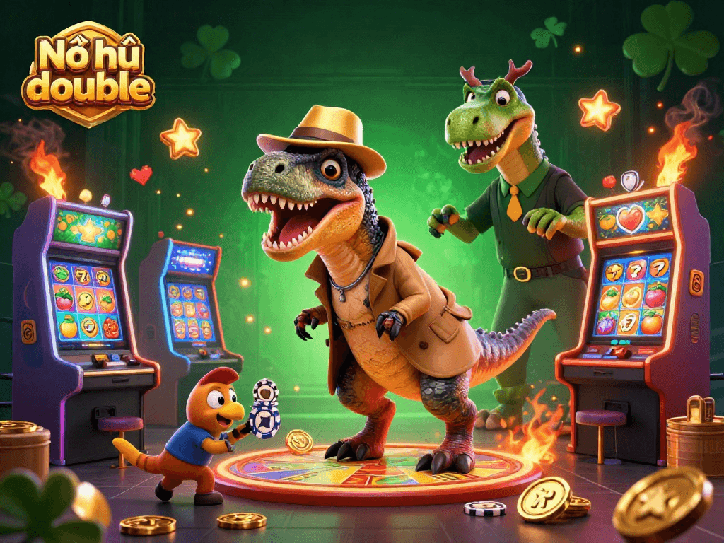 Nổ hũ double highlights the casino action with an engaging velociraptor at the jackpot slot machine, surrounded by colorful game elements.