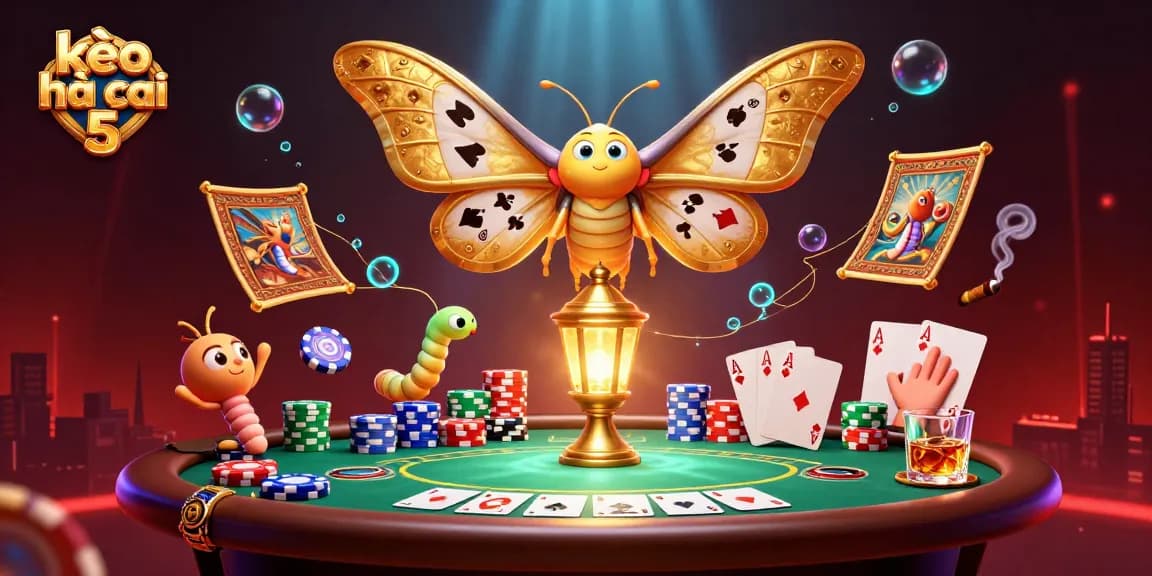 Engage with kèo nhà cái 5 in this vibrant casino scene showcasing a magical moth amidst poker excitement.