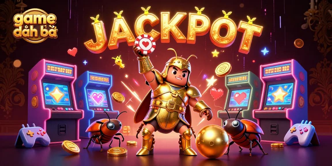 Experience game đánh bài with a victorious beetle lifting a poker chip under a sparkling jackpot.