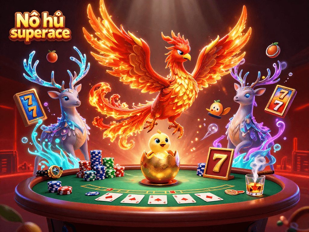 Nổ hũ superace unleashes thrilling jackpot excitement as a phoenix soars in a vibrant casino scene.