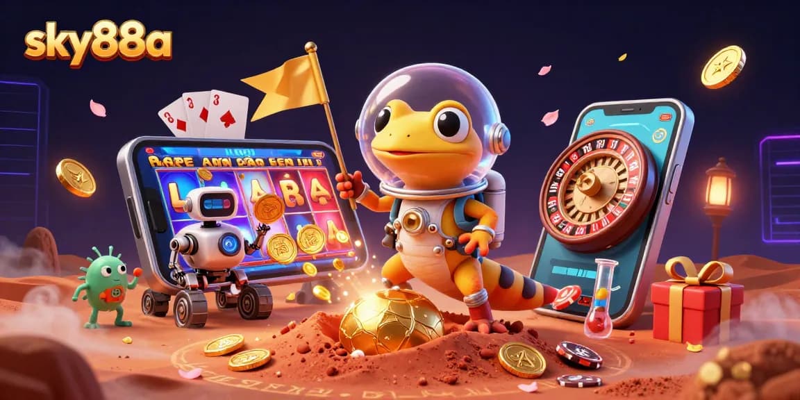 Engage with sky88a's vibrant casino adventure, featuring a Martian gecko amidst golden rewards and thrilling games.