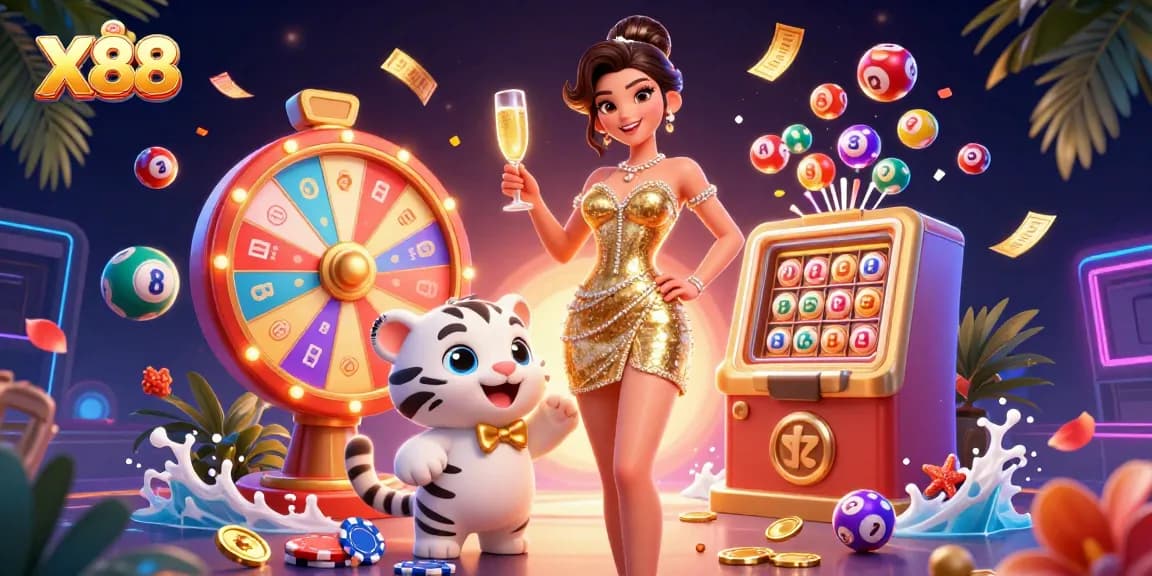 Engage with X88's dynamic lottery scene featuring vibrant games and celebratory elements.