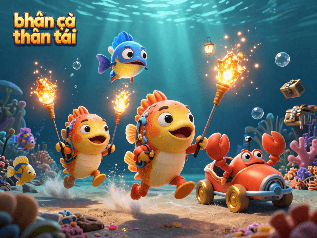 bắn cá thần tài illustration showcasing lively underwater heist with golden fish baits and animated sea creatures.
