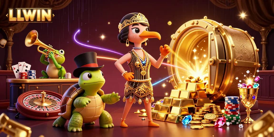 LLWIN showcases a vibrant casino scene with a turtle, crane, and frog amidst golden treasures and gaming elements.