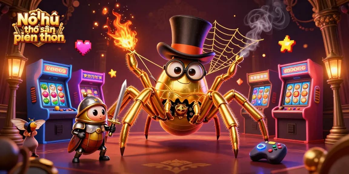 Nổ hũ thợ săn tiền thưởng showcases an enchanting scene with a golden tarantula and a brave beetle knight amidst casino-themed gaming elements.
