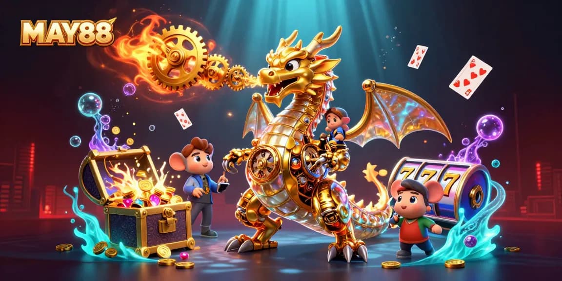 MAY88 showcases vibrant slot machine action with a dragon and treasure, engaging players.