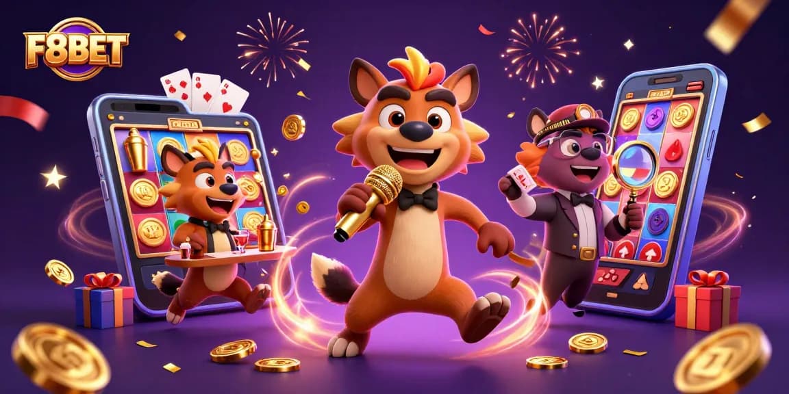 F8BET brings excitement to life with vibrant hyenas in a lively comedy casino scene.