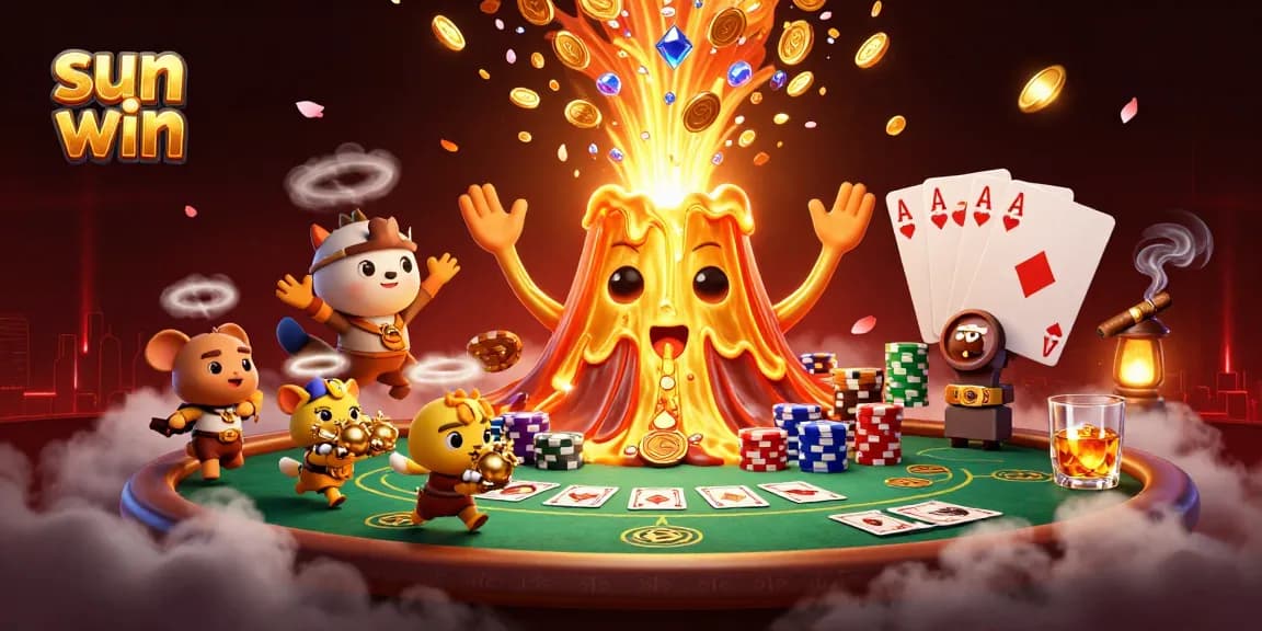 Experience thrilling wins with sun win's vibrant casino action featuring a golden volcano and treasures.