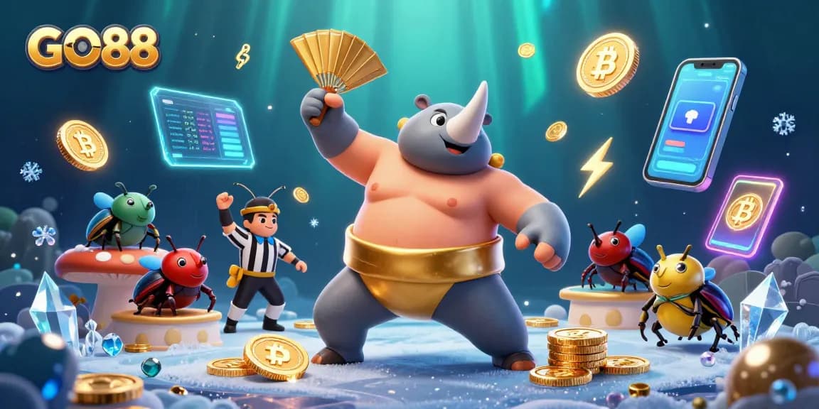 Experience casino excitement with GO88 featuring a rhinoceros beetle champion amidst flying coins and crypto elements.