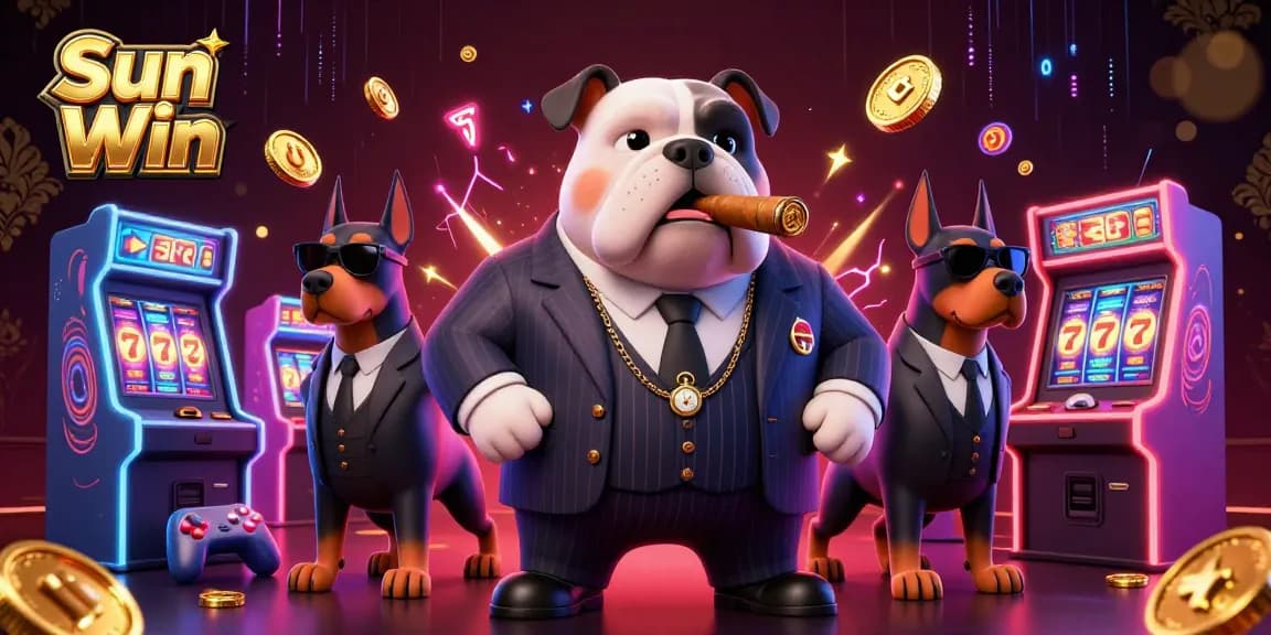 Play at Sun Win casino with a thrilling 3D illustration showcasing a mafia boss and Doberman bodyguards.