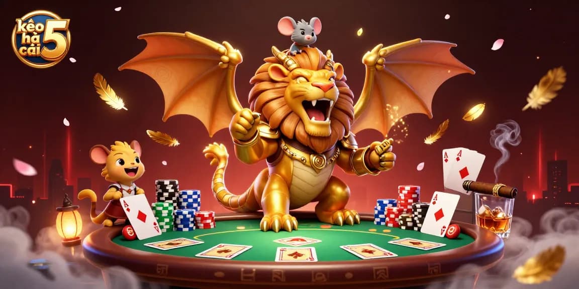 Kèo nhà cái 5 showcases a vibrant 3D scene featuring a chimera creature and poker elements, perfect for betting enthusiasts.
