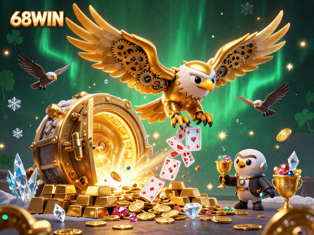 Experience thrilling gameplay at 68WIN with a dazzling eagle soaring through a treasure-filled casino world.