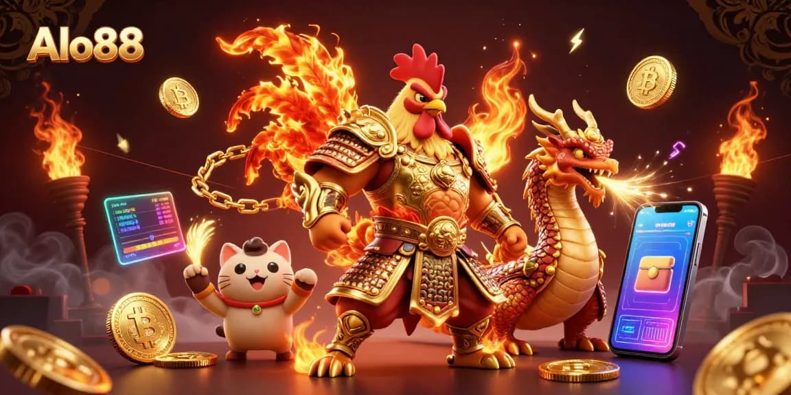 Alo88 showcases thrilling fighting rooster warriors and dragon hatchlings amidst vibrant casino graphics