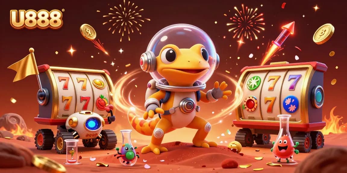 Engage in exciting gameplay at U888, a vibrant casino scene bursting with animated elements.