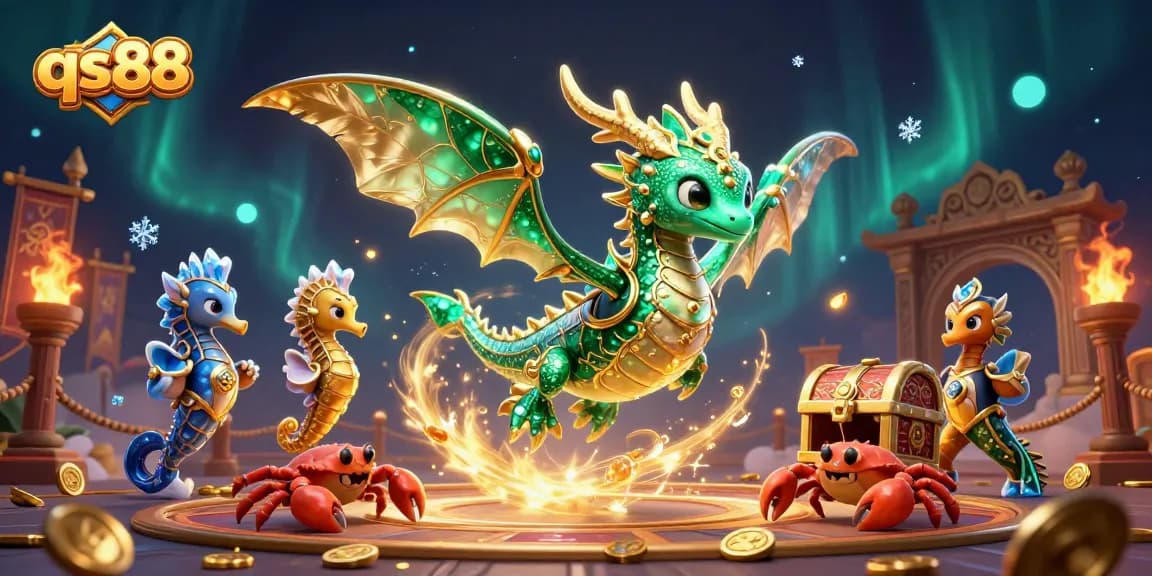 Win big at qs88 with vibrant casino elements, featuring an emerald sea dragon and gold coins.