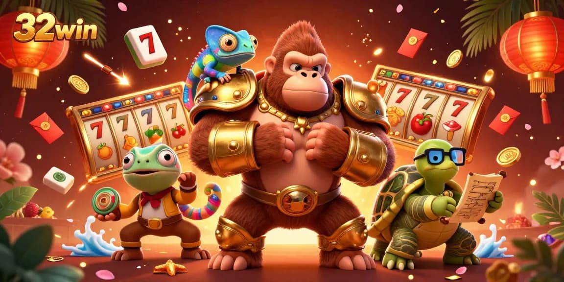32win showcases a vibrant casino scene with a gorilla king and dynamic game elements for betting excitement.