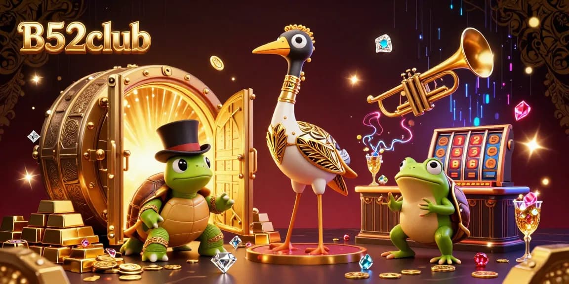 B52club players enjoying a vibrant 3D casino scene with golden treasures and slot elements.