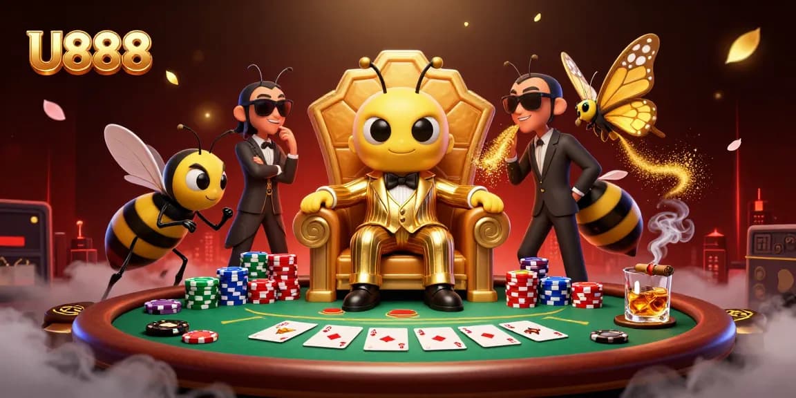 Experience thrilling poker action with U888's dynamic casino illustration featuring colorful game elements.