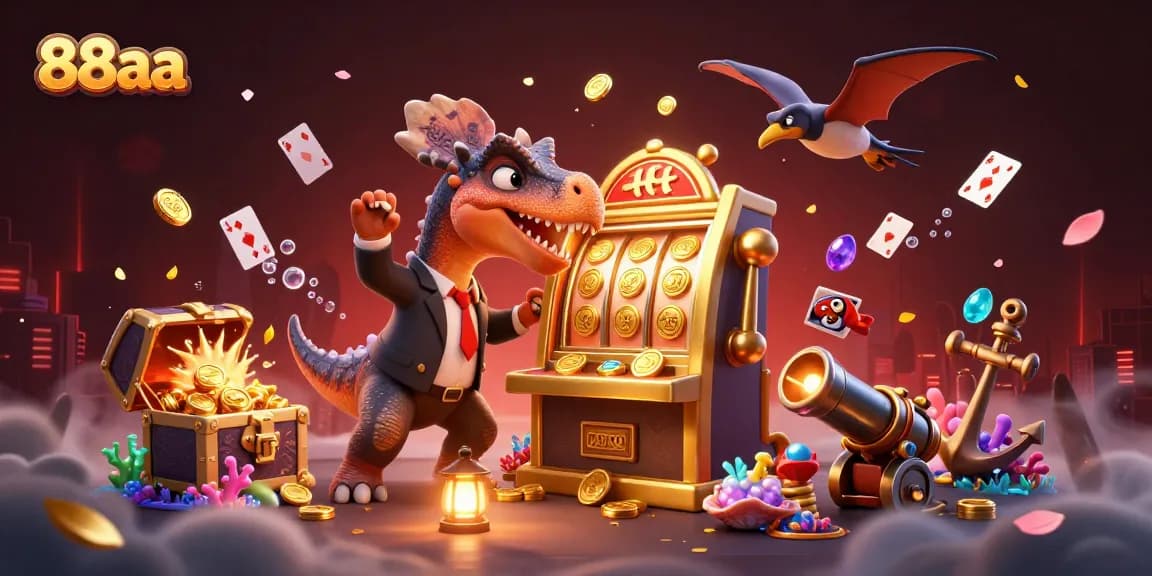 88aa slot machine illustration with dinosaurs and gaming elements, showcasing a dynamic casino scene.
