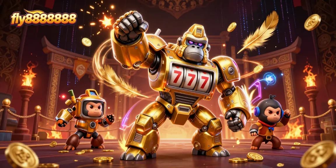 Engage in exhilarating gaming action with the fly88888888 golden mech, spinning slot reels, and dazzling coins.