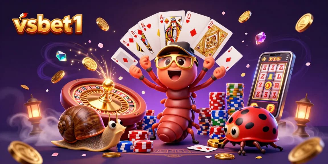 Enter the thrilling world of vsbet1 with a lively casino scene featuring a cartoon millipede dealer and exciting game elements.