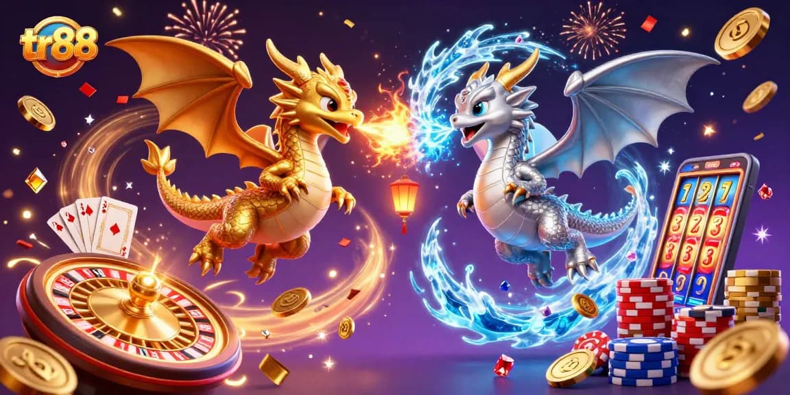 Win big with tr88 as two dragons embody fire and ice in this casino-themed illustration.