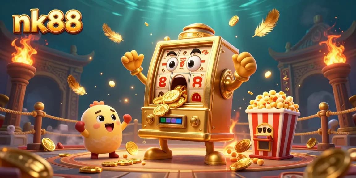 nk88 jackpot celebration with golden slot machines and festive casino elements.