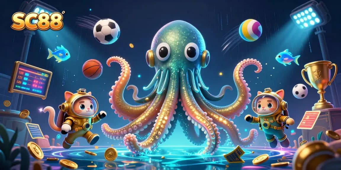 SC88 players engage with a colossal kraken in a treasure-filled scene filled with dynamic sports elements.