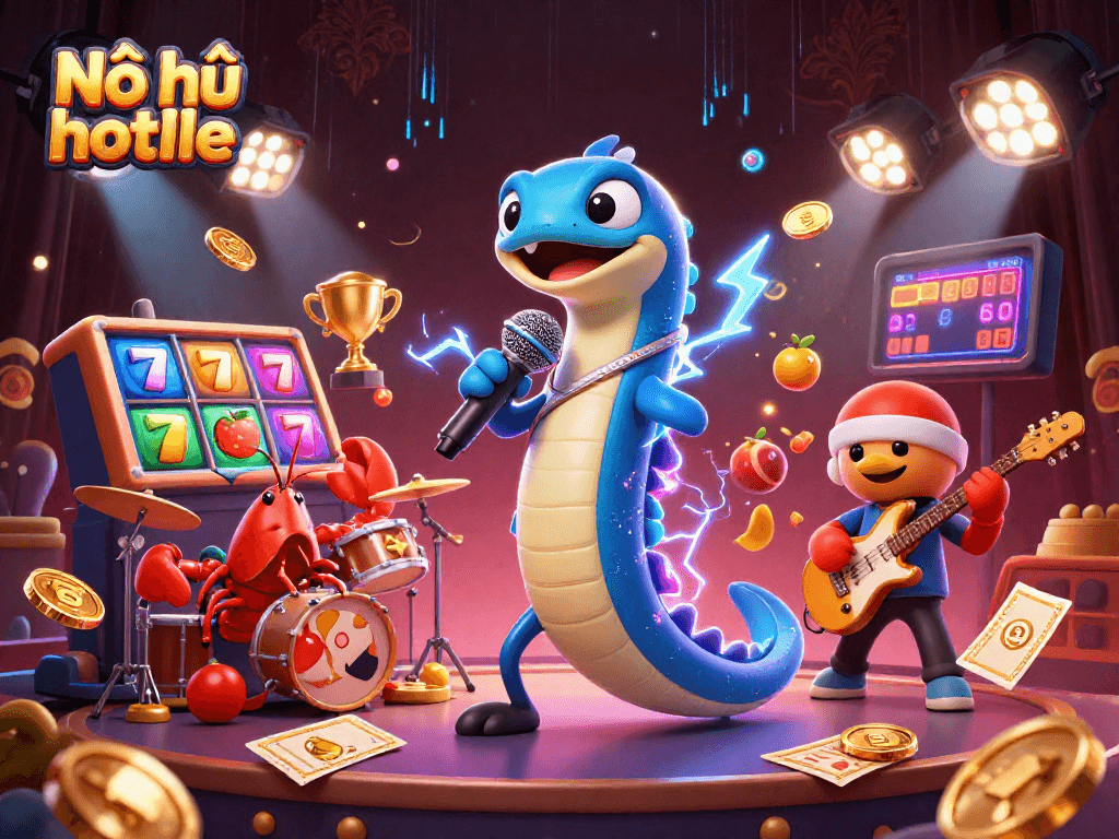 Engage with Nổ hũ hotline in this vibrant underwater casino scene featuring DJ eel, lobster drummer, and seahorse guitarist.