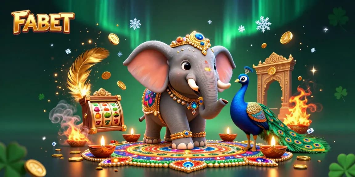 FABET captures the excitement of vibrant casino slots with a Diwali-themed elephant and peacock illustration.