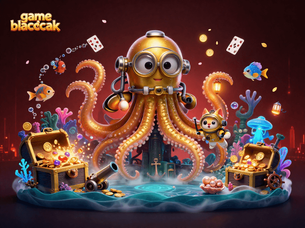 Experience thrilling game blackjack action with a kraken alongside a diving cat and enchanting sea elements.