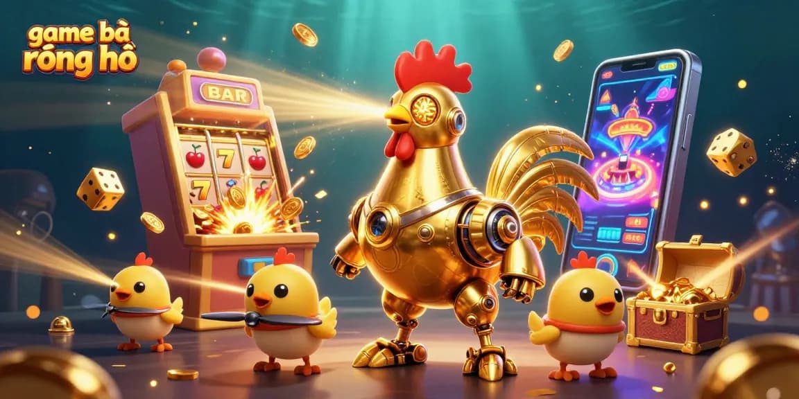 Join the excitement of game bài rồng hổ as the golden rooster robot takes center stage in a vibrant casino.