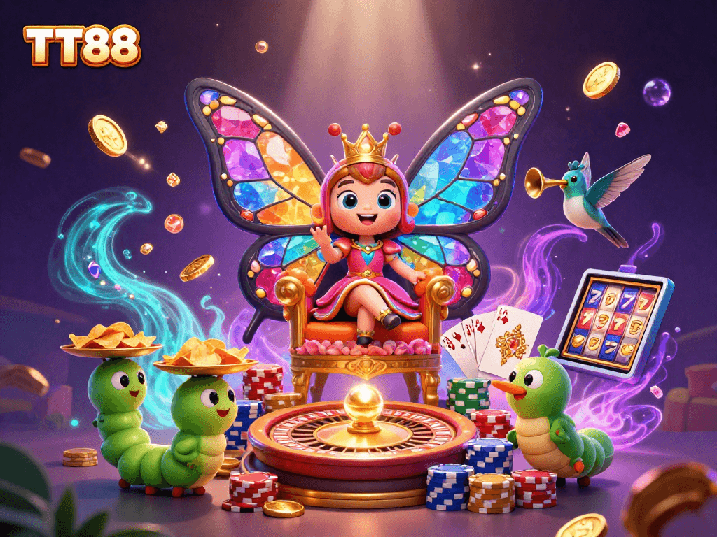 Experience TT88's vibrant casino atmosphere with a captivating butterfly queen and dynamic gameplay elements.
