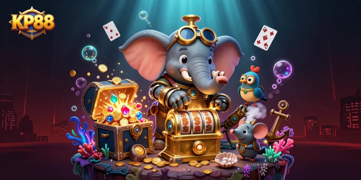 Experience the excitement of KP88 with a unique cartoon scene featuring a steampunk elephant and vivid game elements.