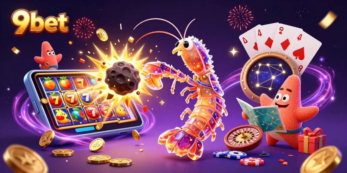 9bet showcases a vibrant casino scene with a galactic mantis shrimp amidst golden coins and slot games.