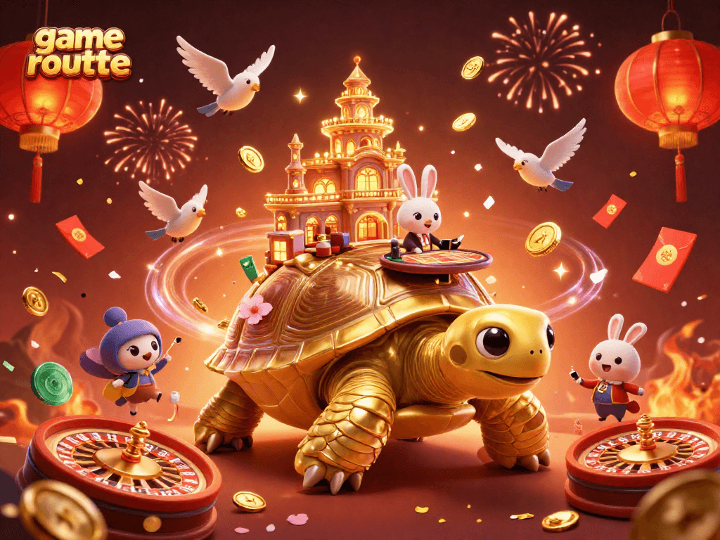 Engage with game roulette at a vibrant casino scene featuring a golden tortoise and a rabbit dealer.