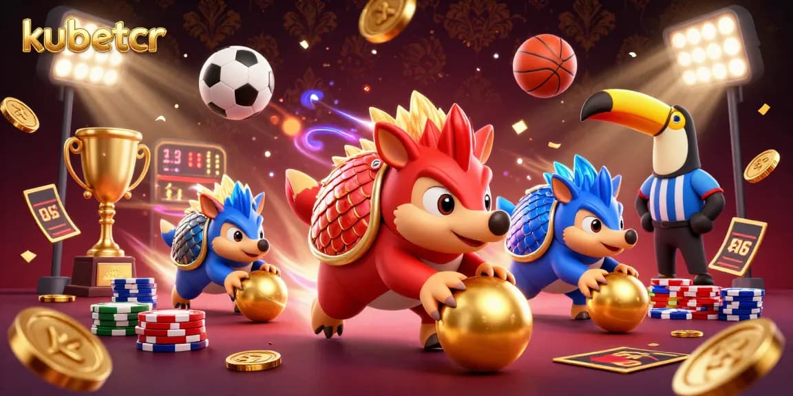 Score big with kubetcr's dynamic gambling scene featuring rival pangolins competing with sports balls.