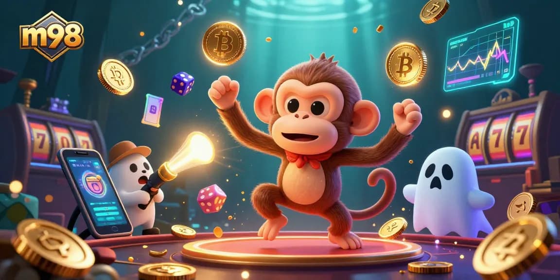 Experience thrilling m98 casino games with an energetic poltergeist monkey and a curious puppy in a captivating scene.