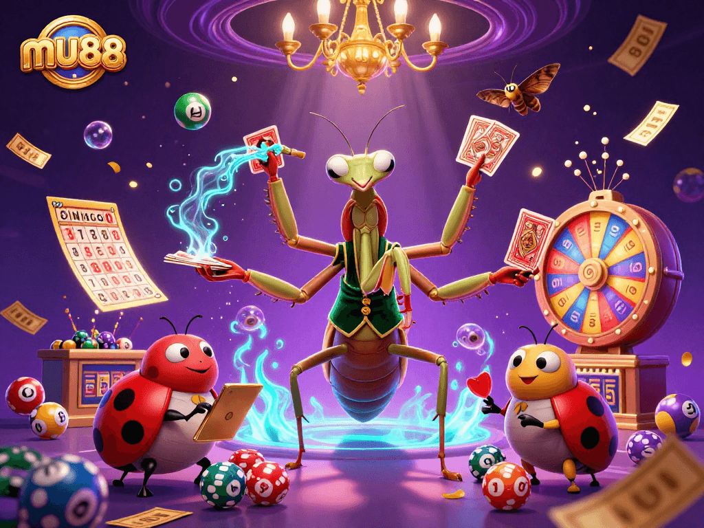 mu88 showcases a vibrant casino scene with a giant mantis card sharp and dynamic elements.