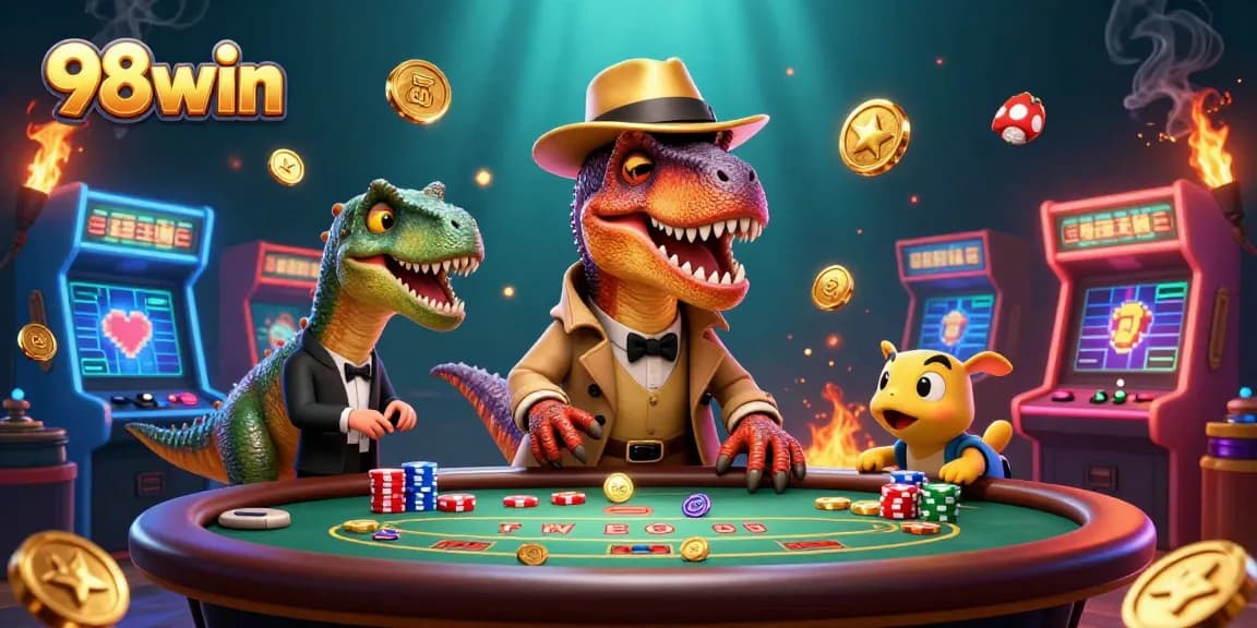 Experience thrilling 98win gameplay with a friendly velociraptor and stegosaurus at the blackjack table!