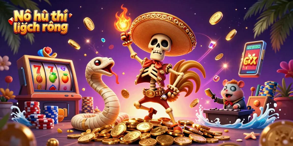 Experience the thrill of Nổ hũ thủ lĩnh rồng with a vibrant casino scene featuring a lively mariachi rooster and captivating game elements!