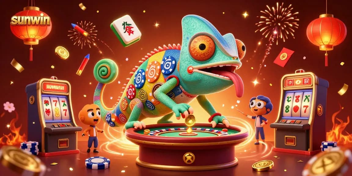 Engage with sunwin's vibrant casino scene featuring a lively chameleon owner amidst exciting gaming elements.