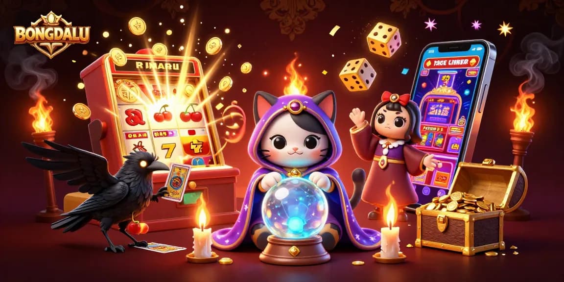 BONGDALU captures excitement with a mystical cat, raven, and dynamic slot machine in a vibrant scene.