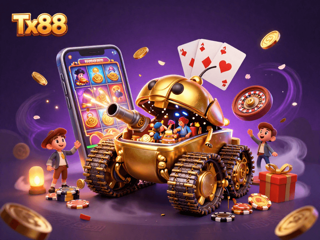 Experience thrilling fun at Tx88's miniature casino in a dynamic 3D illustration packed with gaming excitement.